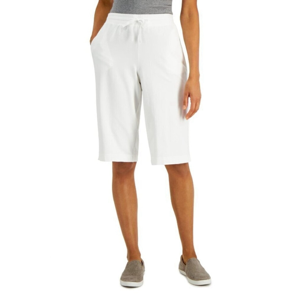 Karen Scott LP Skimmer White Drawstring Knit Stretchy Knee-Length Shorts NWT